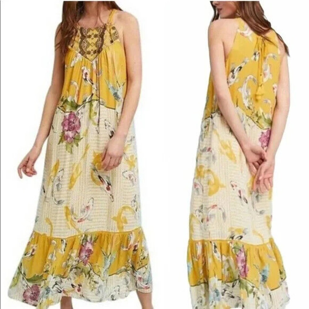Anthropologie Paradiso Koi Fish Embroidered Maxi Dress, Size XS